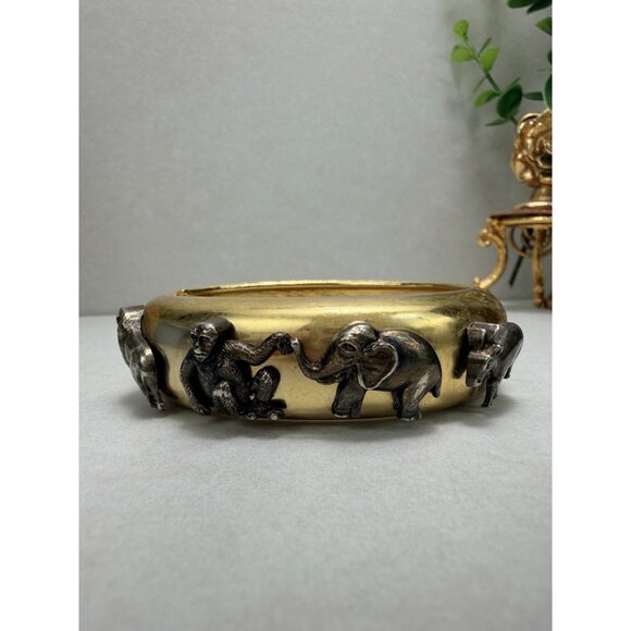 Vintage Gold & Silver Tone Animal Safari Statement Bracelet Monkey Elephant Rare - Picture 6 of 10